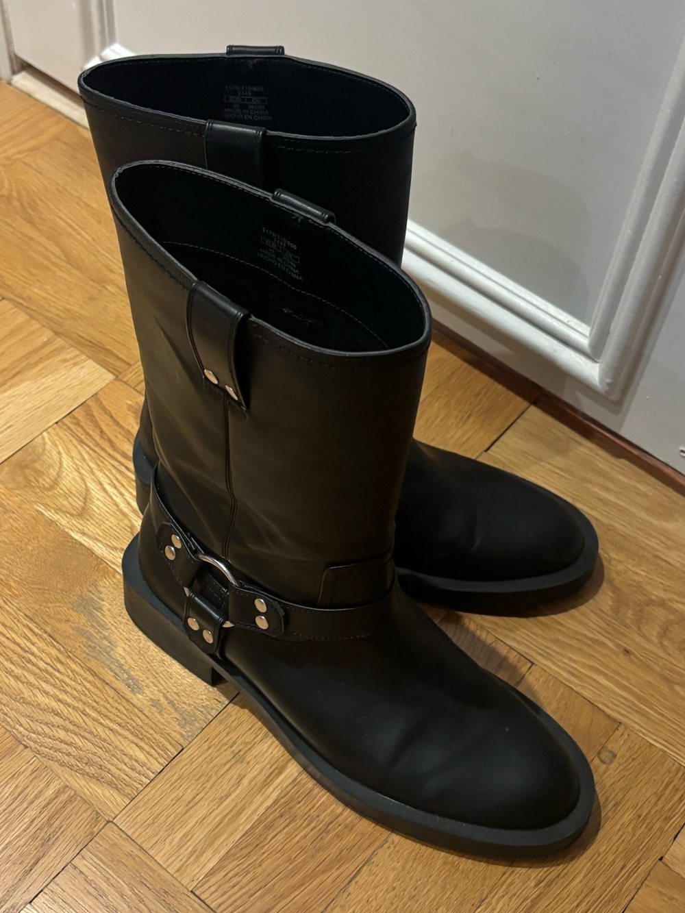 Zara Black Mid-Calf Harness Boots with Silver Hardware